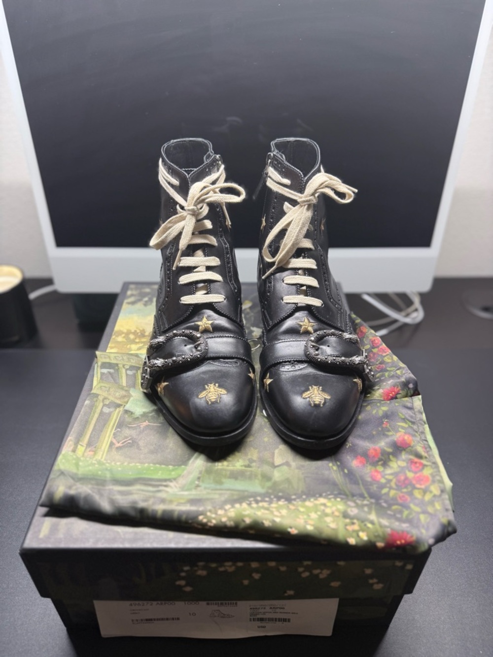 Gucci Queercore Black Lace-Up Ankle Boots with Gold Bee and Star Embroidery